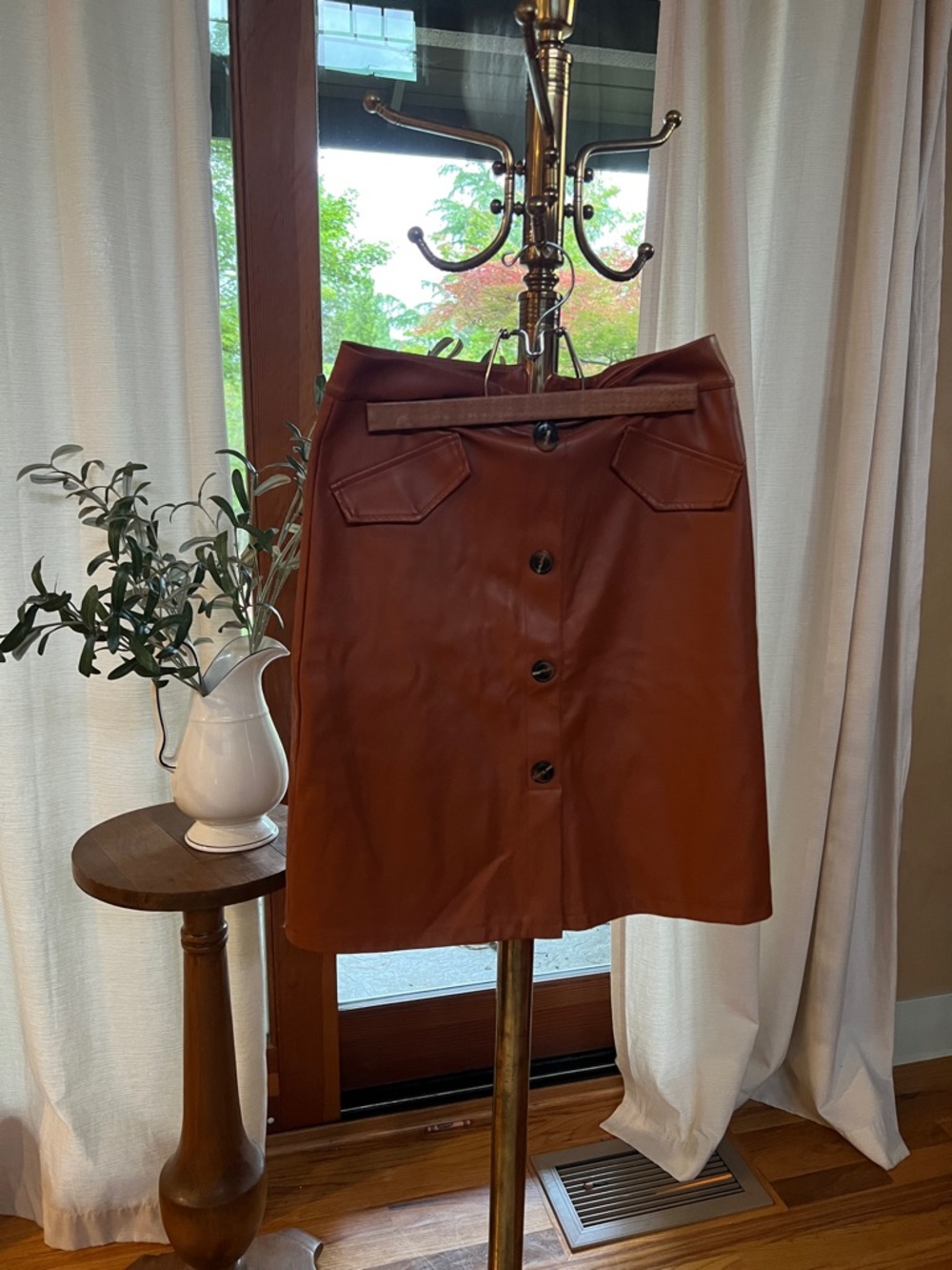 Camel Brown Faux Leather Button-Front Skirt